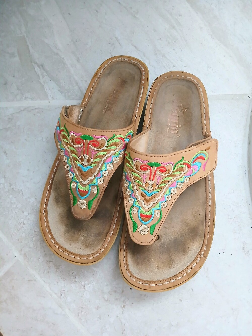 Alegria Embroidered Tan Leather Thong Sandals - Women's 8